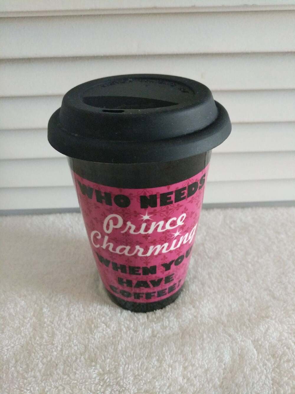 Disney Parks pink Prince Charming ceramic 12oz Travel coffee mug w/ silicone lid